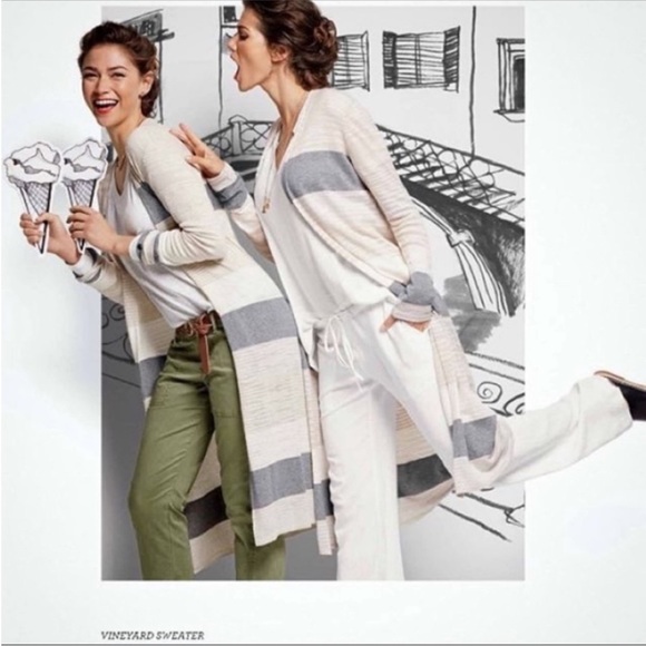 CAbi Sweaters - CAbi Vineyard Striped Gray Cream Beige Duster Knee Cardigan Size Medium